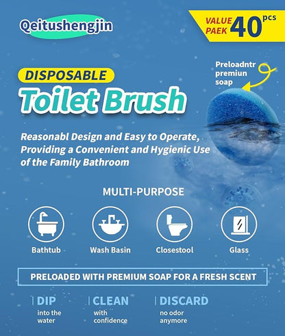 Pack of 40 disposable toilet brush refills, designed exclusively for automatic pop-up toilet brushes. Toilet brush refills (Ocean Scent). Not compatible with electric toilet brushes. (40 blue refills)