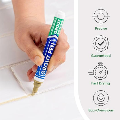 Grout Pen Beige Tile Paint Marker: Waterproof Grout Paint, Tile Grout Colorant and Sealer Pen - Narrow 5mm, 2 Pack with Extra Tips (7mL) - Beige