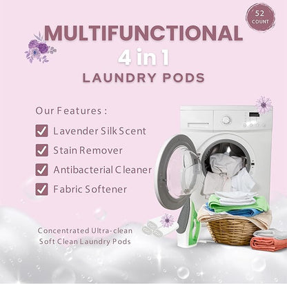 4-in-1 Laundry Pods, Lavender Silk Scent - Stain Remover, Fabric Softener, Fresh Scent & Deep Clean, 52 Count