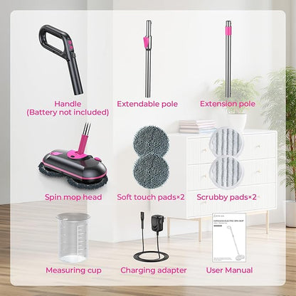 ScrubWiz Cordless Electric Spin Mop with Water Sprayer, 300ml Tank Self-Propelled Floor Cleaner for Hardwood & Tile, Quiet Cleaning, Adjustable Handle, 2500mAh Long-Lasting Battery, Pink