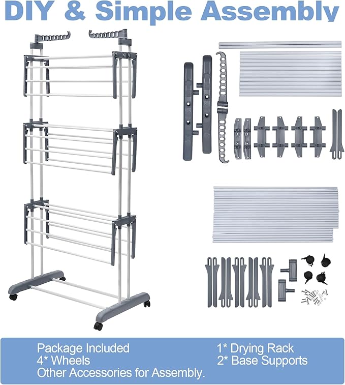 Foldable Clothes Drying Rack, 4 Tier Metal Clothes Rail with Wheels 7 Windproof Hooks Clothes Horses Rack Laundry Garment Dryer Stand with 2 Side Wings Indoor, Outdoor, Bedroom, Loft (Gray)