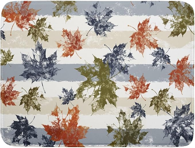 Autumn Colorful Maple Leaves Dish Drying Mat for Kitchen Counter,Blue and White Stripe Drying Mat 18 x 24 Inch with Absorbent Reversible Microfiber Dish Drying Pad Dish Rack Drainer Mat for Coffee Bar