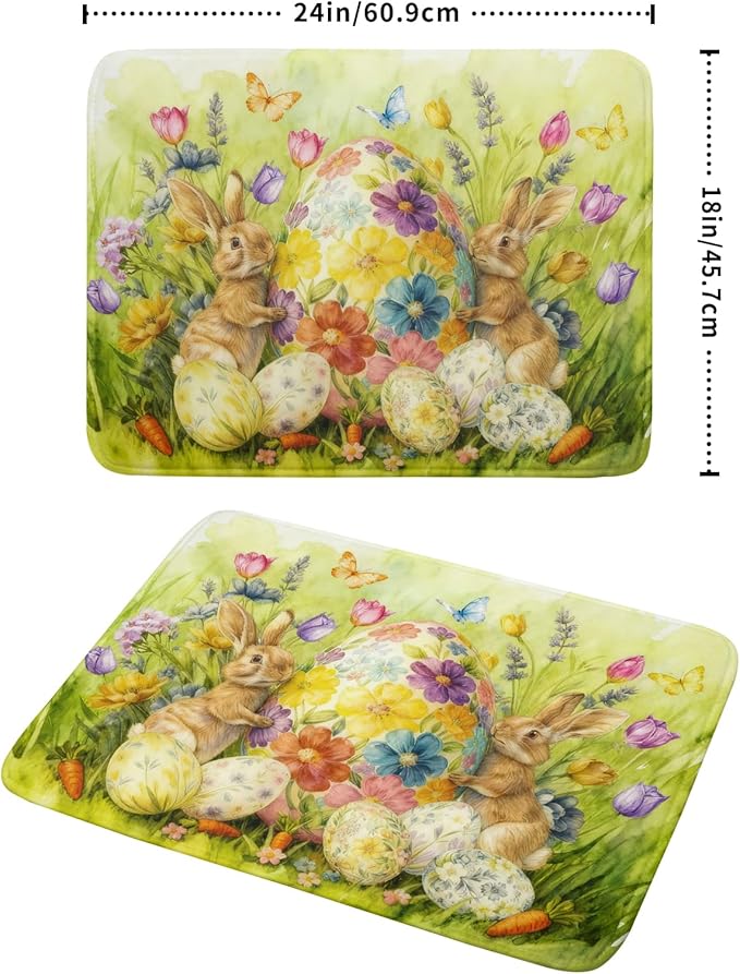 Easter Egg Dish Drying Mat 18x24 Inch Bunny Floral Green Drying Pad for Kitchen Counter Washable