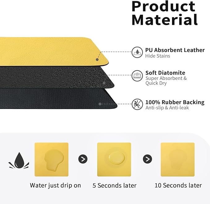 HotLive Dish Drying Mat for Kitchen Counter, Heat Resistant Drainer Mats with Non-slip Rubber Backed, Hide Stain Kitchen Super Absorbent Draining Mat, Easy to Clean Dish Rack Pad, Yellow 18"x24"
