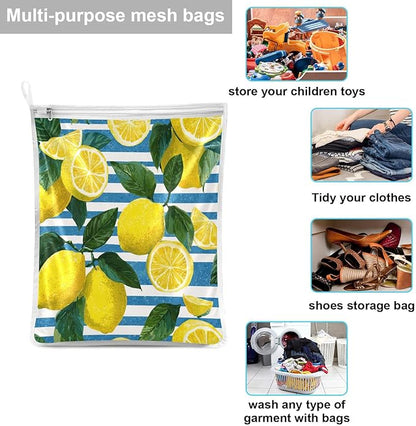 Mesh Laundry Bags Lingerie Bags for Washing Delicates 2 PCS Durable Wash Bag with Zipper Small and Medium Washable Blue Striped Summer Lemons