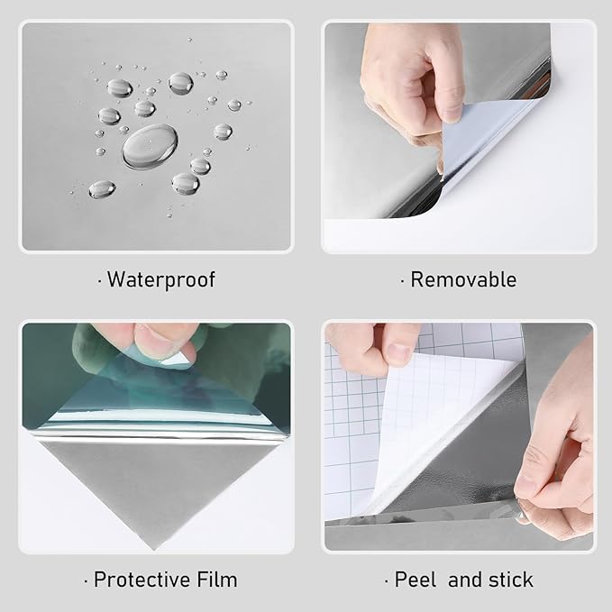 Wallercity Self Adhesive Flexible Mirror Stickers Peel and Stick Silver Mirrors Wallpaper for Craft Countertop Dresser Vinyl Waterproof Non-Glass Mirror Contact Paper Sheets for Wall Decor 12''x78.7''