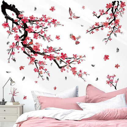 wondever Watercolor Plum Flower Tree Branch Wall Stickers Red Cherry Blossom Floral Birds Peel and Stick Wall Art Decals for Bedroom Living Room Sofa