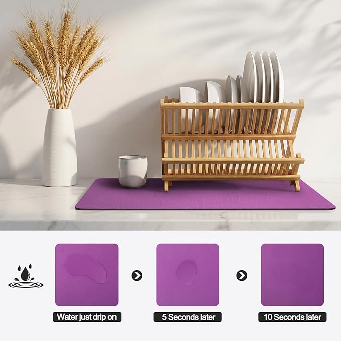 Ecotrim - Dish Drying Mat for Kitchen Counter | Coffee Bar Mat for Countertops | Heat Resistant Drainer Mat with Non-slip Rubber Backed | Hide Stain Kitchen Absorbent Draining Mat | Purple 16"x18"