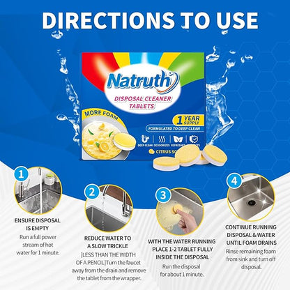 NATRUTH Garbage Disposal Cleaner Tablets - 24 Count - Lemon Scent - Removes Odor & Grease - Safe & Natural - Easy to Use - Deep Cleaning & Freshening - Septic Safe