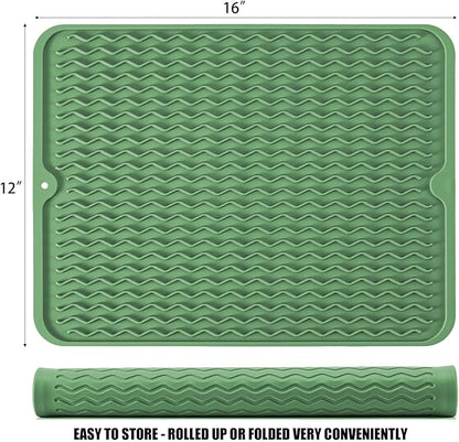 Silicone Dish Drying Mat for Multiple Usage, Easy clean, Eco-friendly, Heat-resistant Dish Drainer Mat for Kitchen Counter,Sink,Refrigerator or Drawer liner (16" x 12", Dark Green)
