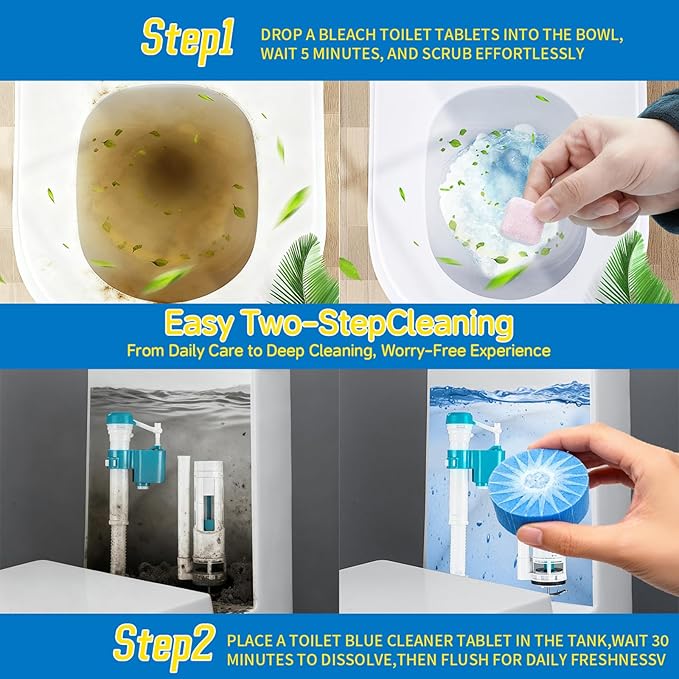 2-in-1 Toilet Cleaning Tablets (48 Pack) - 16 Effervescent Toilet Bowl Stain Remover and 32 Blue Toilet Tank Cleaner Tablets - Limescale Removal for Septic System