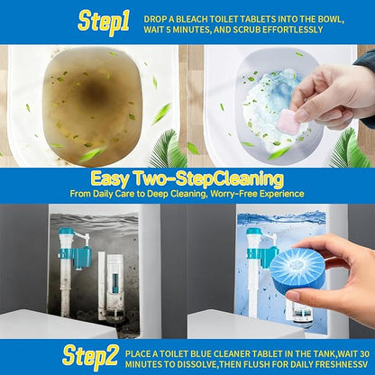2-in-1 Toilet Cleaning Tablets (48 Pack) - 16 Effervescent Toilet Bowl Stain Remover and 32 Blue Toilet Tank Cleaner Tablets - Limescale Removal for Septic System