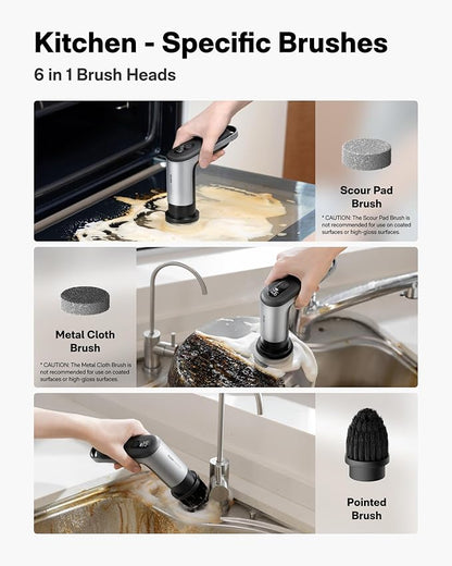 HOTO Grip™ Cordless Electric Spin Scrubber, IPX7 Waterproof, Lightweight at 0.65 lb with 6 Brush Heads, Powerful Cleaning Scrubber, for Bathroom, Kitchen, Tile, Shower
