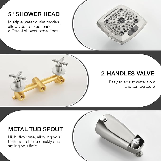 2 Handle Shower Faucet Set with Tub Spout 6-Spray Shower Head and Handle Set Shower Trim Kit with Rough-in Valve Bathroom Shower Faucet Valve Trim Kit Brushed Nickel