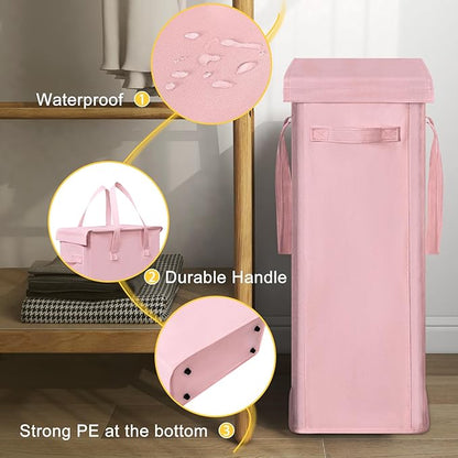 Chrislley 60L Slim Laundry Hamper with Lid Narrow Laundry Basket with Handle Upgrade Foldable Dirty Clothes Hamper Portable Skinny Hamper Organizer Storage Bins (25.6 inches, pink)