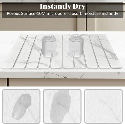 Stone Dish Drying Mats for Kitchen Counter, 24"(L)×16"(W) Marble-Pattern, Collapsible Quick Drying Dish Mats, Ultra Absorbent Diatomaceous Earth Mats for Dishes , Match Any Countertop