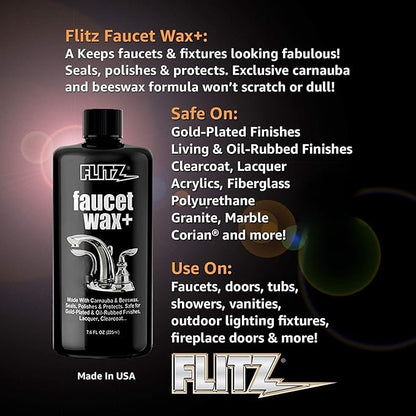 Flitz Faucet Wax Plus - 7.6oz Bottle of USA-Made, Water-Based Faucet Cleaner & Polisher for Water Stains, Fingerprints, & More - Metal Wax for Bronze, Nickel, Chrome, Brass - Granite Polish (6 Pack)