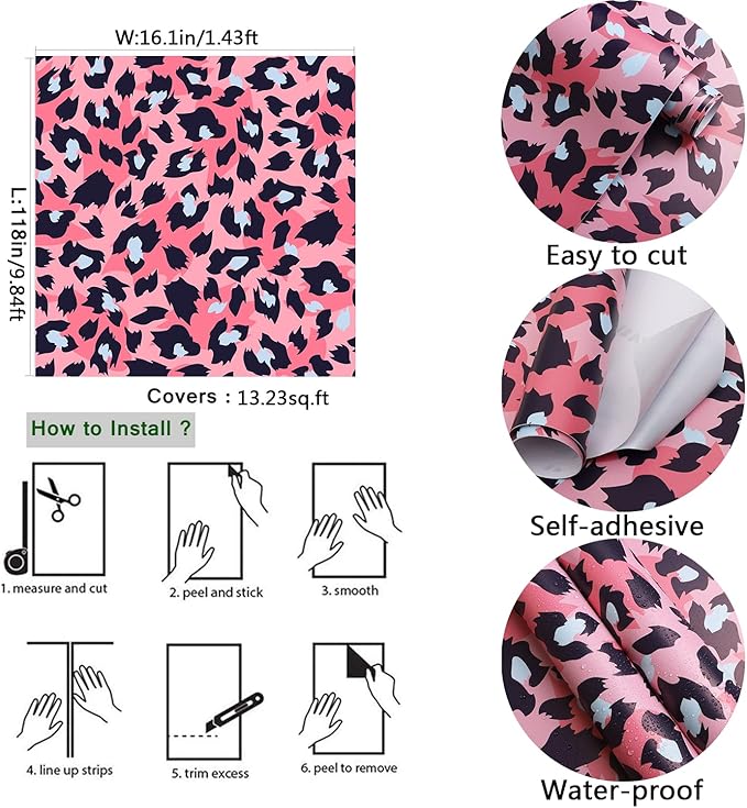 Ismoon 16.1''x118'' Leopard Wallpaper Cheetah Print Peel and Stick Wallpaper Pink Room Decor Funky Contact Paper Bathroom Waterproof Bedroom Removable Self Adhesive Vintage Texture Vinyl Roll