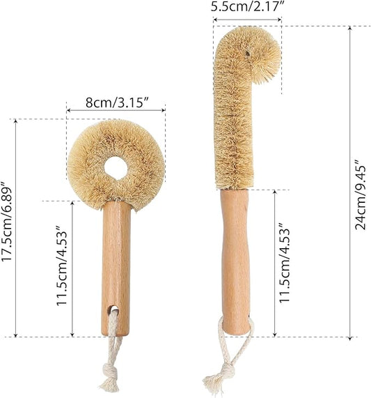2PCS Coconut Brush Fiber Bottle Wooden Cleaning Brush, Scrub Head for Deep Pan Cleaning Washing, Sturdy Eco-Friendly with Natural Wood Handle Holder, Bristle Scrubber Set for Kitchen Dishes Vegetable