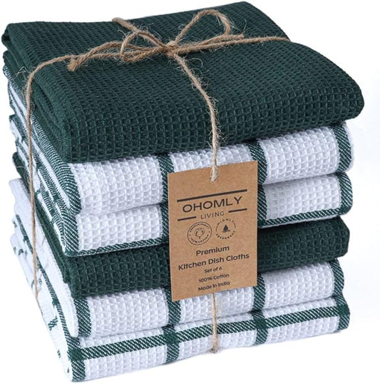 Assorted Waffle Kitchen Towels 100% Cotton Set of 6 - Heavy Duty 320 GSM Quality Dish Cloths Towel - Soft Absorbent Washable for Kitchen Use - Quick Drying Dish Towel 16x26 inch Green