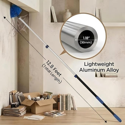 20ft High Ceiling Duster Kits with 5-12ft Heavy Duty Extension Pole - Fan Blade Cleaner, Cobweb Remover & Blue Window Squeegee Kit, Washable Dust Brush for High Roof and Glass Surfaces