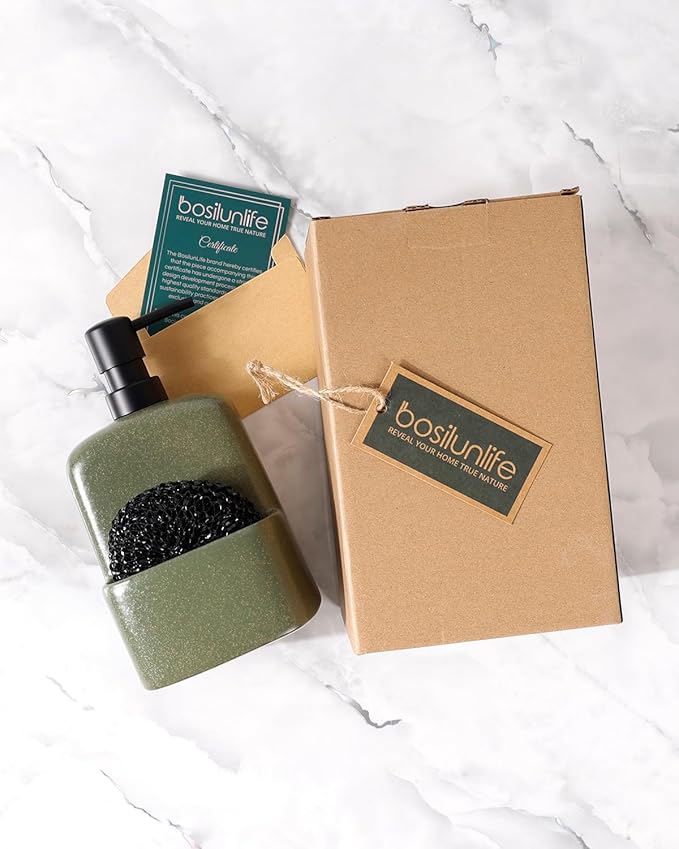 BosilunLife Dish Soap Dispenser - Matte Green Ceramic Kitchen Soap Dispenser with Sponge Holder Matte Ceramic Soap Daddy Dispenser 20oz for Kitchen Soap Pump and Sponges Caddy