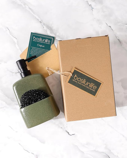 BosilunLife Dish Soap Dispenser - Matte Green Ceramic Kitchen Soap Dispenser with Sponge Holder Matte Ceramic Soap Daddy Dispenser 20oz for Kitchen Soap Pump and Sponges Caddy