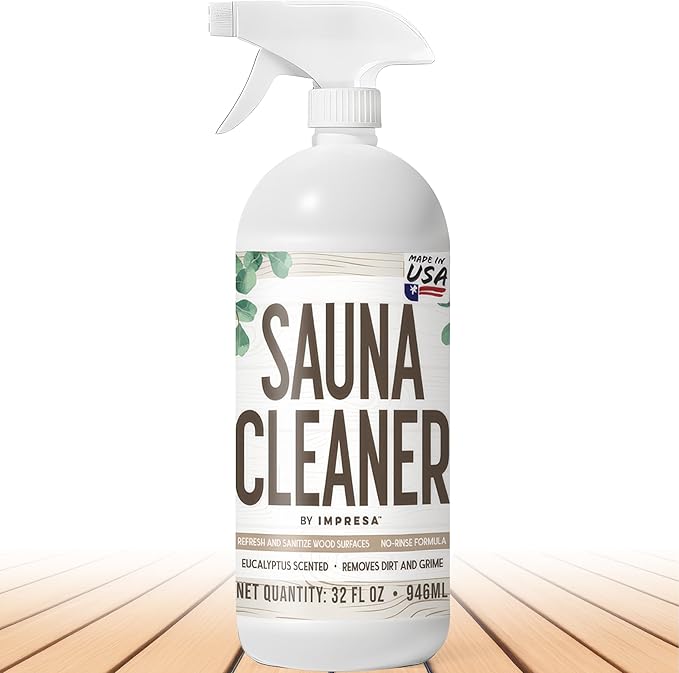 IMPRESA 32oz Sauna Cleaning Spray – All Purpose Eucalyptus Wood Cleaner Spray for Home Sauna, Spa, Steam Room & Gym – Natural Multipurpose Surface Cleaner Bottle – Gentle Ingredients Tough on Grime