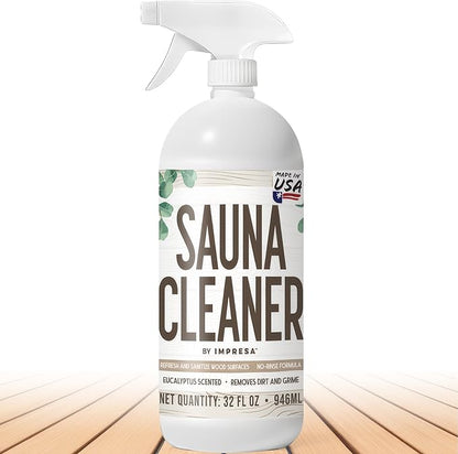 IMPRESA 32oz Sauna Cleaning Spray – All Purpose Eucalyptus Wood Cleaner Spray for Home Sauna, Spa, Steam Room & Gym – Natural Multipurpose Surface Cleaner Bottle – Gentle Ingredients Tough on Grime