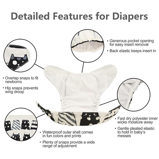 babygoal Reusable Cloth Diapers 6 Pack+10pcs Inserts, One Size Adjustable Washable Pocket Nappy Covers for Baby Boys and Girls