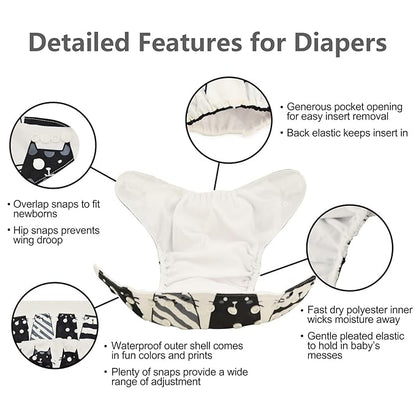 babygoal Reusable Cloth Diapers 6 Pack with 10pcs Inserts, One Size Adjustable Washable Pocket Nappy Covers for Baby Boys and Girls 6FB12
