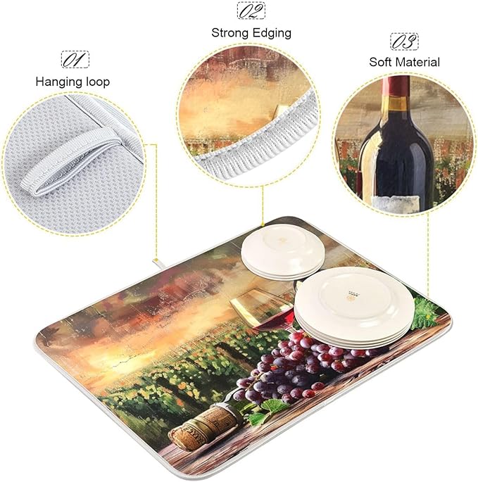 Grapes Wine Glass Bottle Dish Drying Mat for Kitchen Counter Absorbent Microfiber Drying Pad, Large 18x24 in
