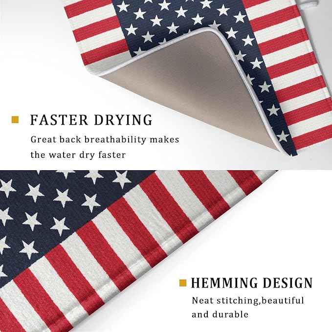 4th of July Dish Drying Mat For Kitchen CounterPatriotic American Flag Star Stripes Microfiber Absorbent Drying Mats Reversible Kitchen Countertop Drainer Pad 18x24 Inch