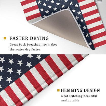 4th of July Dish Drying Mat For Kitchen CounterPatriotic American Flag Star Stripes Microfiber Absorbent Drying Mats Reversible Kitchen Countertop Drainer Pad 18x24 Inch