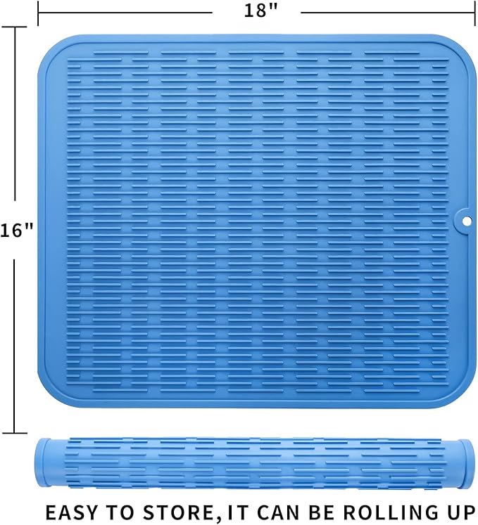 MicoYang Silicone Dish Drying Mat for Multiple Usage,Easy clean,Eco-friendly,Heat-resistant Silicone Mat for Kitchen Counter or Sink,Refrigerator or Drawer Liner Lichen BlueL 2XL 24 inches x 18 inches