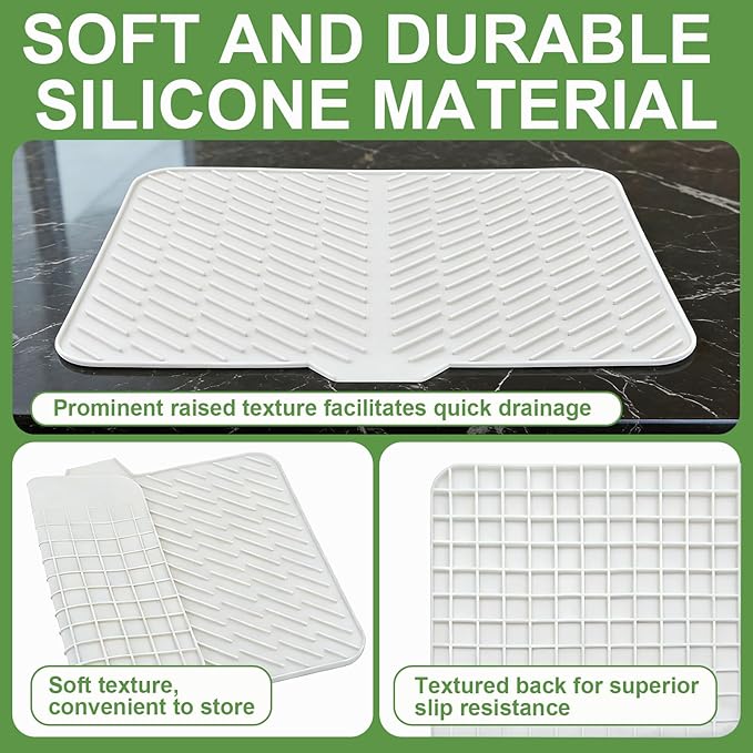 Silicone Drying Mat, 23"X17" With Built-in Drain Lip,Heat-Resistant,Eco-friendly,Hygienic Drying Pad,Leak-Proof and Non-Slip,Silicone Dish Drying Mat for Kitchen Counter or Sink（White 23X17）