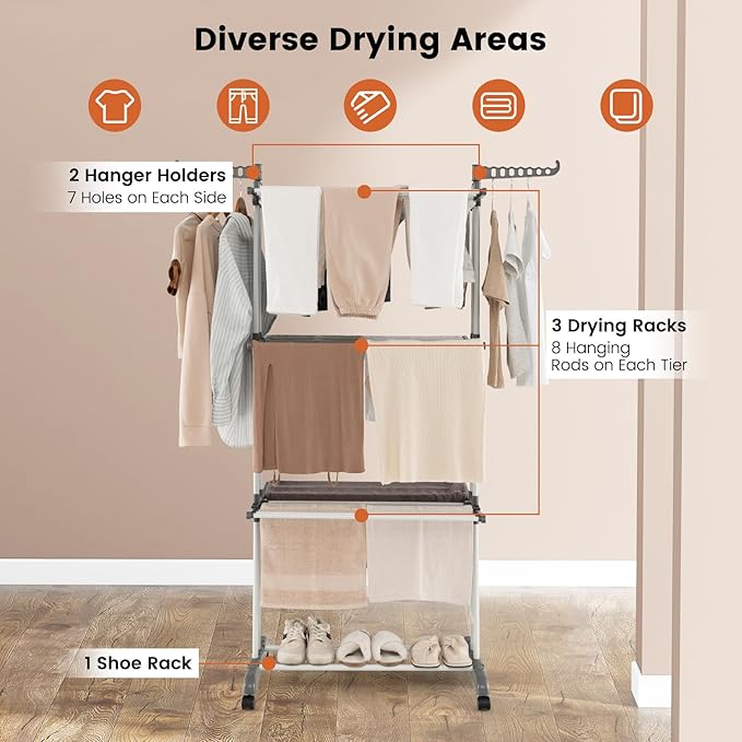 GOFLAME 4-Tier Clothes Drying Rack, Collapsible Clothes Horse Rack with Rotatable Side Wings and Foldable Shelves, Freestanding Garment Dryer Stand with Casters for Indoor and Outdoor Use, Grey