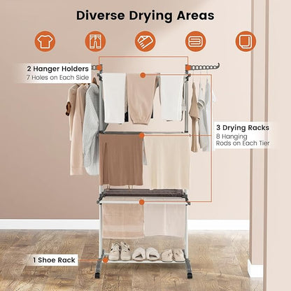 GOFLAME 4-Tier Clothes Drying Rack, Collapsible Clothes Horse Rack with Rotatable Side Wings and Foldable Shelves, Freestanding Garment Dryer Stand with Casters for Indoor and Outdoor Use, Grey