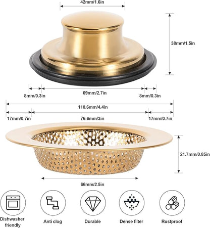 RQYEKDO Kitchen Sink Strainers Sink Stopper Kits, Stainless Steel Sink Drain Strainer Set, Large Wide Rim 4.4" Diameter Food Catcher Garbage Disposal Plug for Most Sink Drains Basket Filter (Gold)