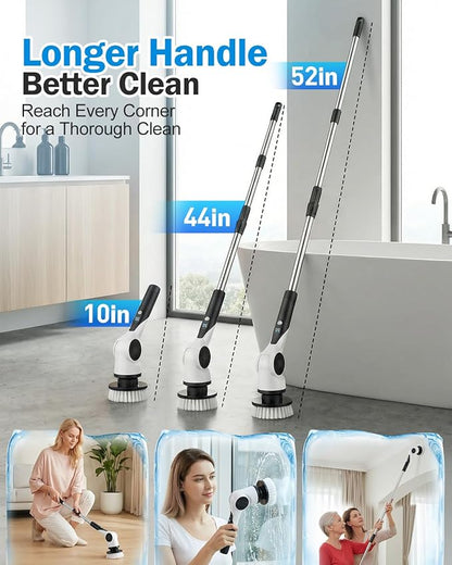Electric Spin Scrubber, 3-Speed Shower Scrubber with Long Handle & 10 Replaceable Brush Heads, Cordless Shower Cleaner Brush with 90 Mins Runtime & Full-Body IPX7 Waterproof for Bathroom Kitchen