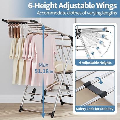 APEXCHASER Clothes Drying Rack with High Hanger, Foldable 3-Level Drying Racks with Shoe Rack, Crossbar and Vertical Rod Laundry Stand with Adjustable Wings Silver