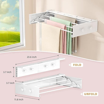 BAKON Wall Mounted Drying Rack with 4 Hooks and Shelf, Foldable Clothes Drying Rack for Laundry Room, Collapsible Laundry Rack Wall Mount, for Indoor Outdoor Hanging Clothes, 23.6 Inch