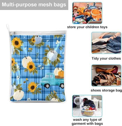 Mesh Laundry Bags Lingerie Bags for Washing Delicates 2 PCS Durable Wash Bag with Zipper Small and Medium Washable Blue Plaid Sunflower Pumpkin
