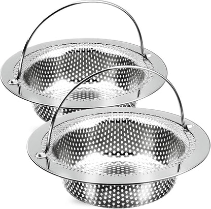 2 Pack Kitchen Sink Drain Strainer with Handle, Stainless Steel Large Kitchen Sink Drain Basket Food Catcher, Outer Diameter 4.5 Inch, Rust Free