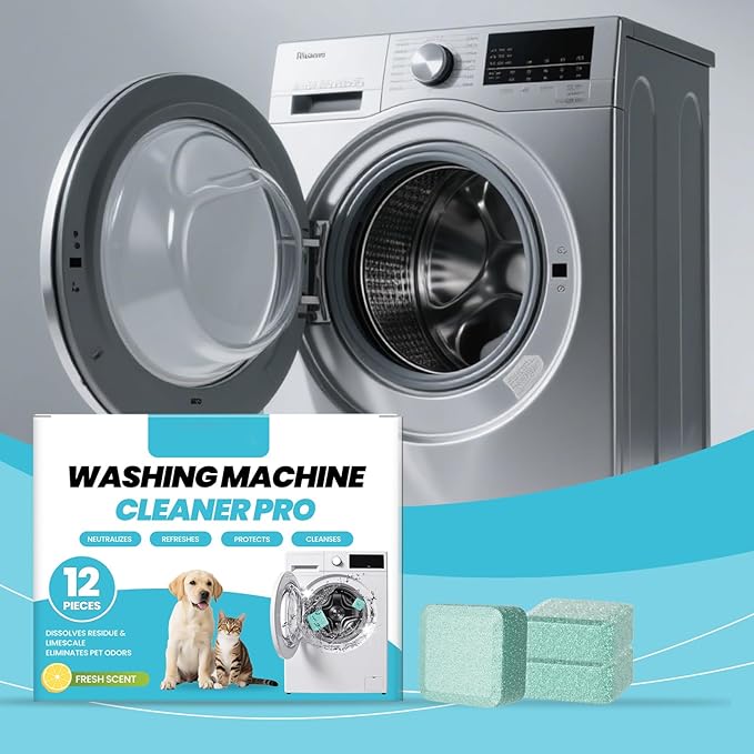 Washing Machine Cleaner Tablets 12-Pack for HE/Top/Front Load Washers, Septic Safe & Fragrance Free, Removes Stubborn Pet Hair, Odors, Mold & Residue