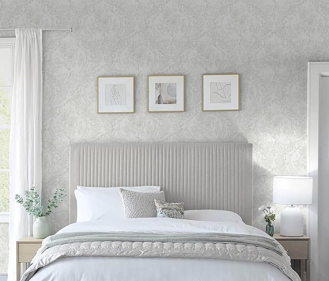 Ismoon Floral Peel and Stick Wallpaper Grey Contact Paper Boho Watercolor Damask Wallpaper Vintage Textured Removable Self Adhesive Vinyl Wall Paper Renter Friendly, 17.3 in X 32.7 ft