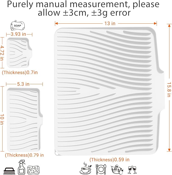 Silicone Dish Drying Mat for Kitchen Counter, Dish Drying Pad, Non-Slip Drain Pad with Built-in Drain, Heat Resistant Stone Drying Mat,Ivory-1Set