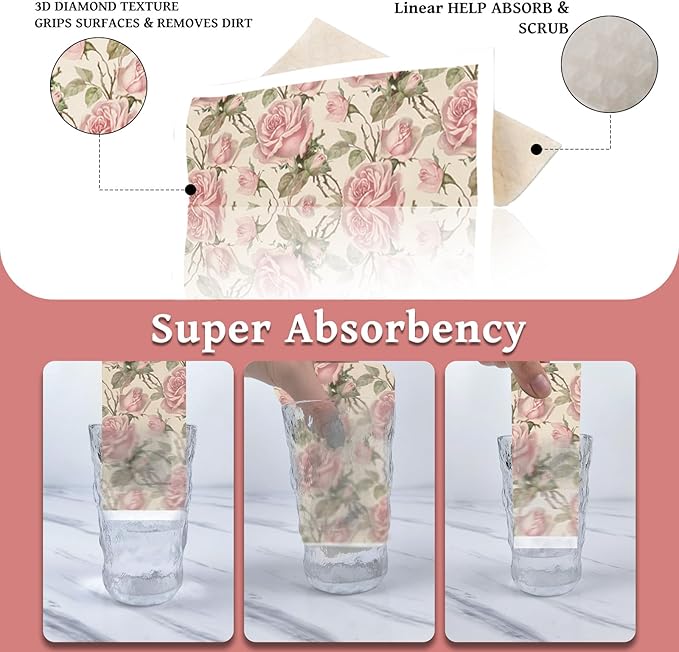 Reusable Swedish Dishcloths for Kitchen, 6 Pcs Vintage Floral Swedish Dish Cloths, Absorbent Pink Flower Sponge Cleaning Towels Wipes for Kitchen Cooking Home Decoration Housewarming Gifts