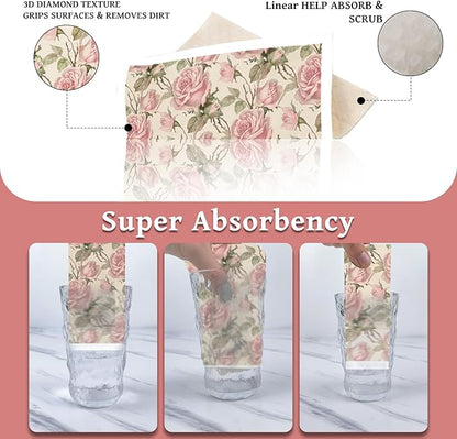 Reusable Swedish Dishcloths for Kitchen, 6 Pcs Vintage Floral Swedish Dish Cloths, Absorbent Pink Flower Sponge Cleaning Towels Wipes for Kitchen Cooking Home Decoration Housewarming Gifts