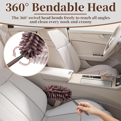 2 PCS Car Interior Duster with Extension Pole, Microfiber Car Dusters with Bendable Head, Cars Duster Exterior&Interior Scratch Free, for Cleaning of Vehicle Details, Offices, Window, Furniture(Brown)